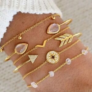 Gold Arrow Stacking Bracelets Bohemian Stone Beads Chains Fashion 6-pc Jewelry